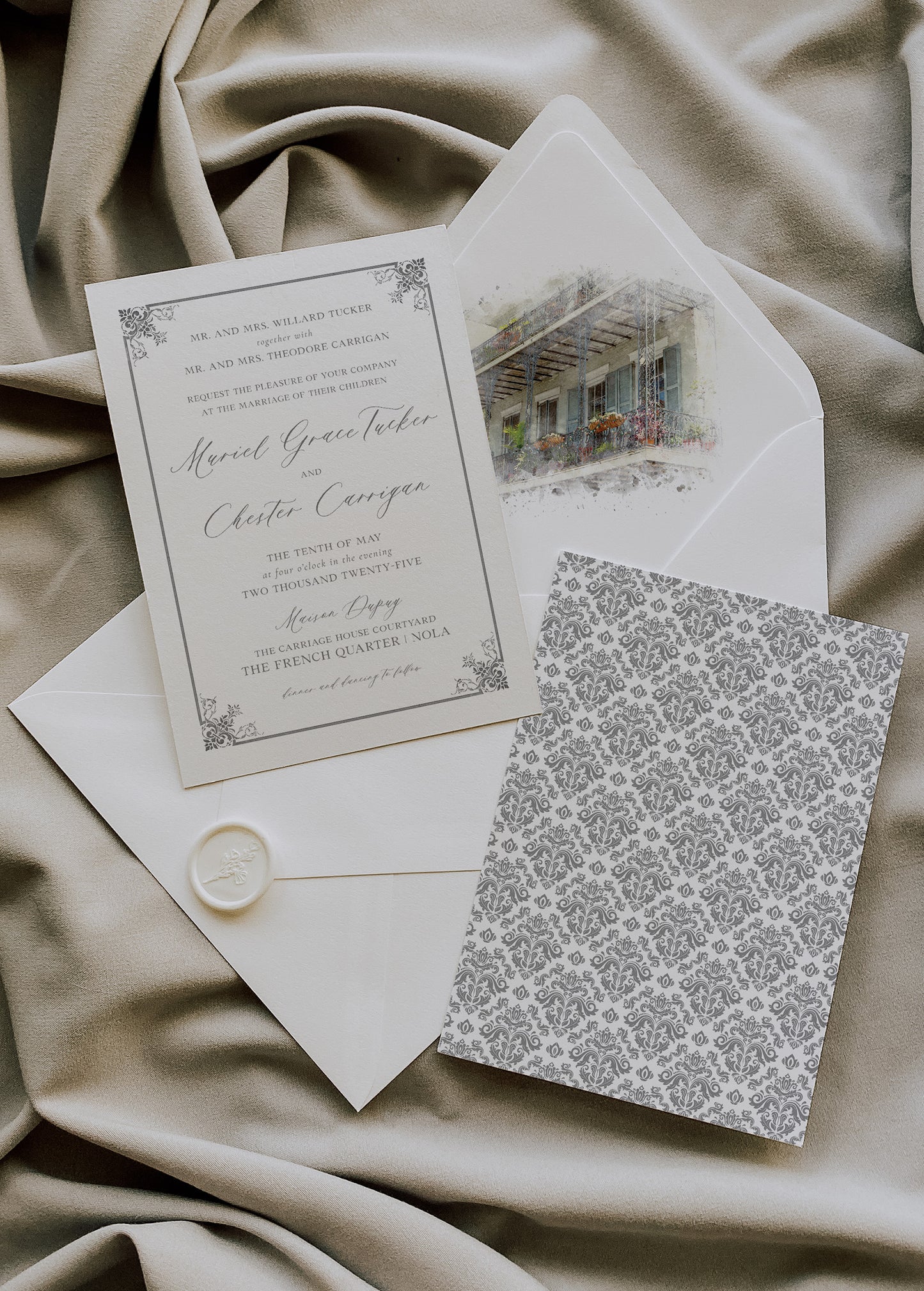 GREY WROUGHT IRON FRENCH QUARTER BALCONY WEDDING ENVELOPE LINER