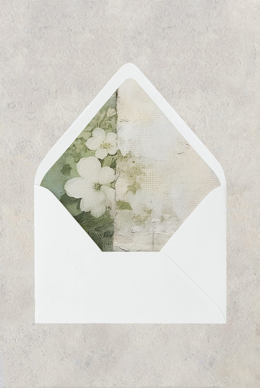 Canvas textured sage green and ivory envelope liner with hand-painted white flowers.