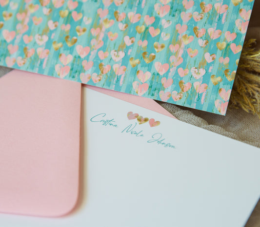 Turquoise and pink heart grunge notecard personalized with little girl's name and matching candy pink envelopes.