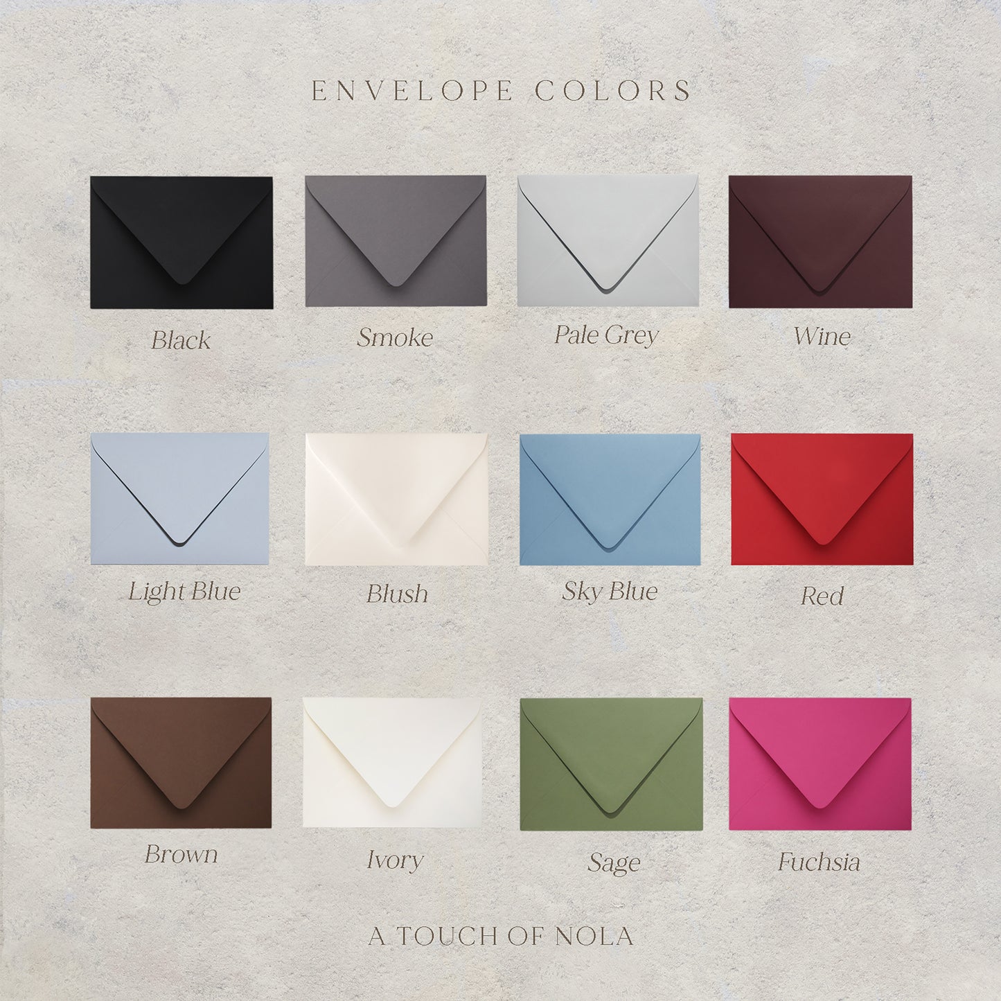 Collection of eggshell textured Euro flap- colored envelopes with color labels under each envelope’s color picture. Wedding envelopes come in black, smoke, pale grey, wine, light blue, blush, sky blue, red, brown, ivory, sage and fuchsia.