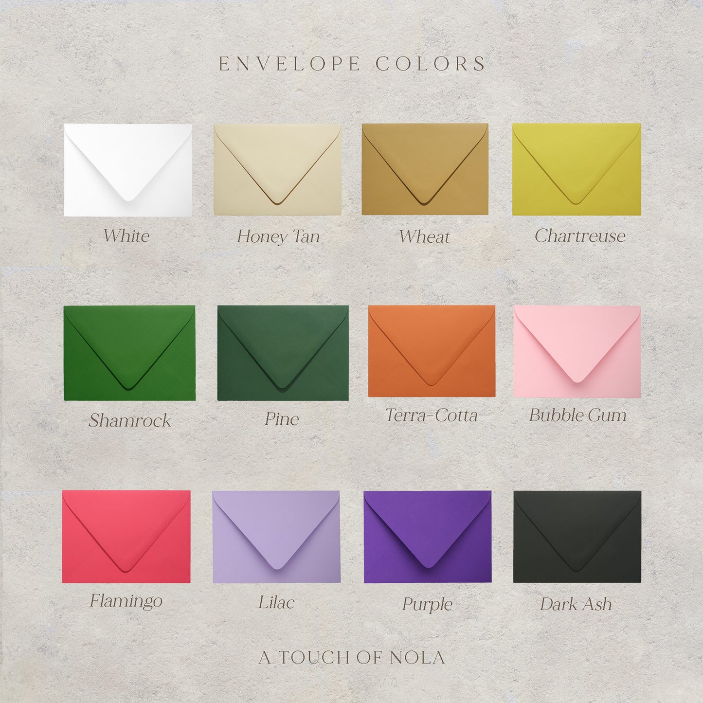 Collection of eggshell textured Euro flap-colored envelopes with color labels under each envelope’s color picture. Wedding envelopes come in white, honey tan, wheat, chartreuse, shamrock, pine, terra-cotta, bubble gum, flamingo, lilac, purple and dark ash.