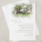 New Orleans watercolor wedding invitation featuring the outside of the Audubon Clubhouse in Audubon Park and grey serif font invitation wording.