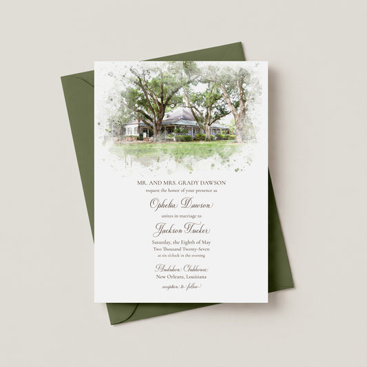 AUDUBON CLUBHOUSE NEW ORLEANS WEDDING INVITATION WITH ENVELOPES