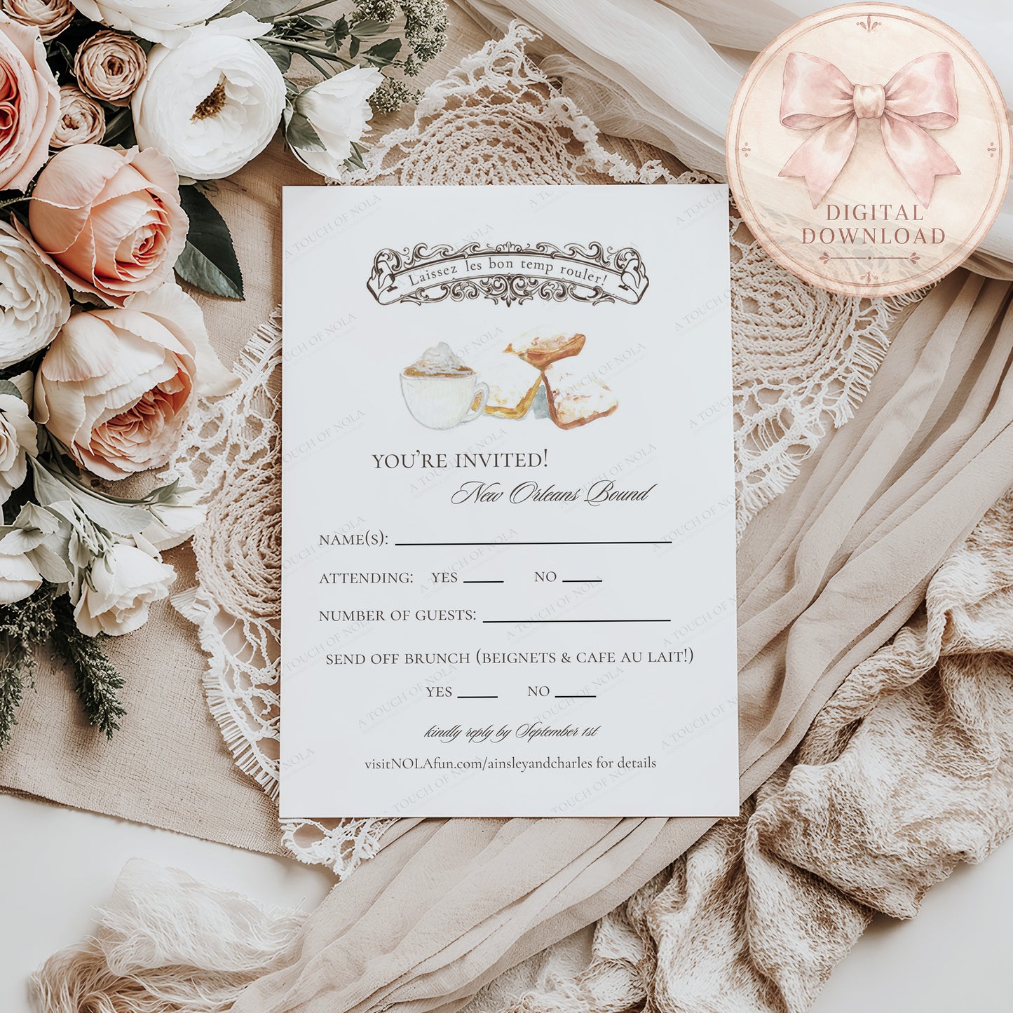 STREETCAR WEDDING INVITATION W/ BEIGNET RSVP CARD