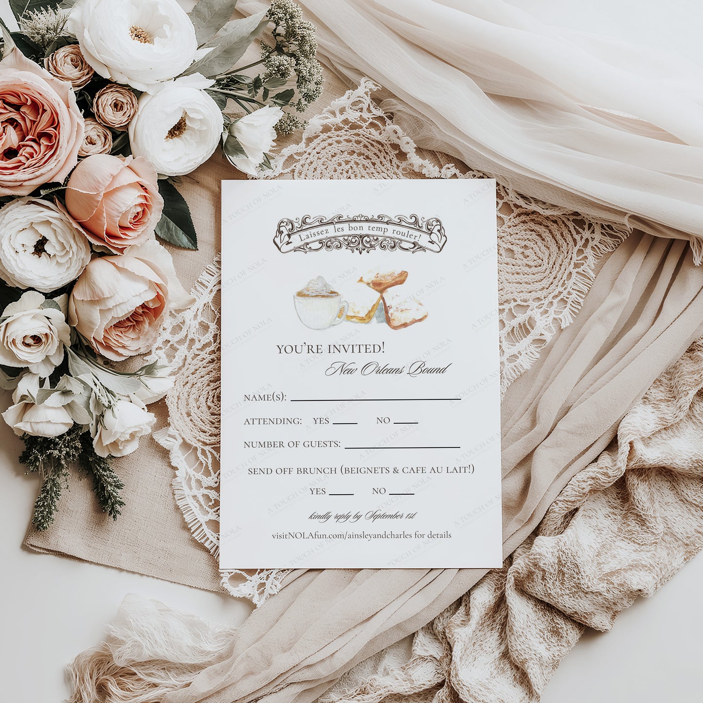 STREETCAR WEDDING INVITATION W/ BEIGNET RSVP CARD