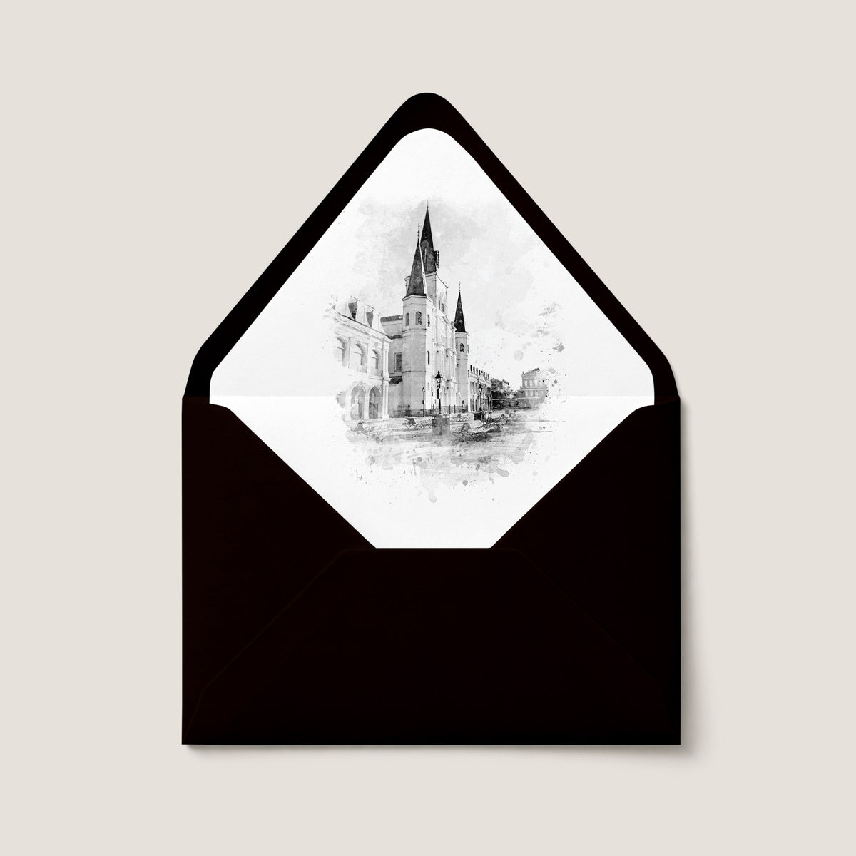 BLACK & WHITE ST. LOUIS CATHEDRAL NEW ORLEANS WEDDING ENVELOPE LINER