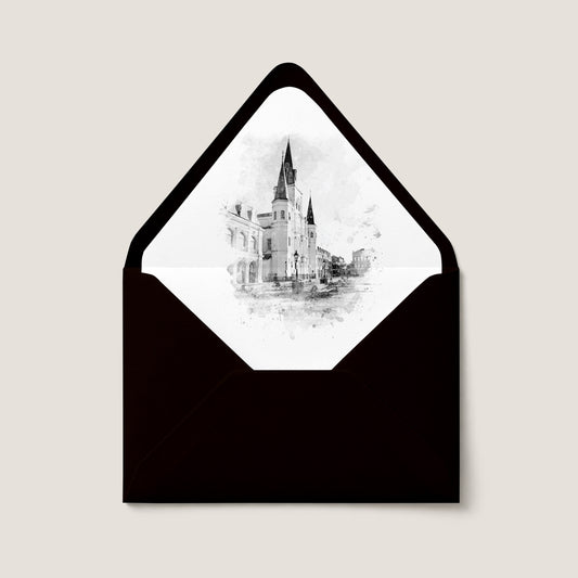 BLACK & WHITE ST. LOUIS CATHEDRAL NEW ORLEANS WEDDING ENVELOPE LINER