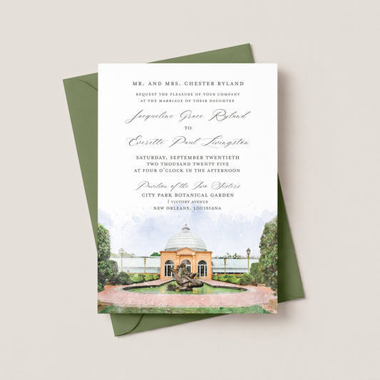 PAVILION OF THE TWO SISTERS NEW ORLEANS WEDDING INVITATION WITH ENVELOPES