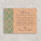 Vintage New Orleans wedding details card resembling the inside of Brennan's Restaurant with a green and pink rose lattice work pattern and peach diamond background. The card says "Welcome to our celebration" and welcomes wedding guests to the couple's wedding in New Orleans.