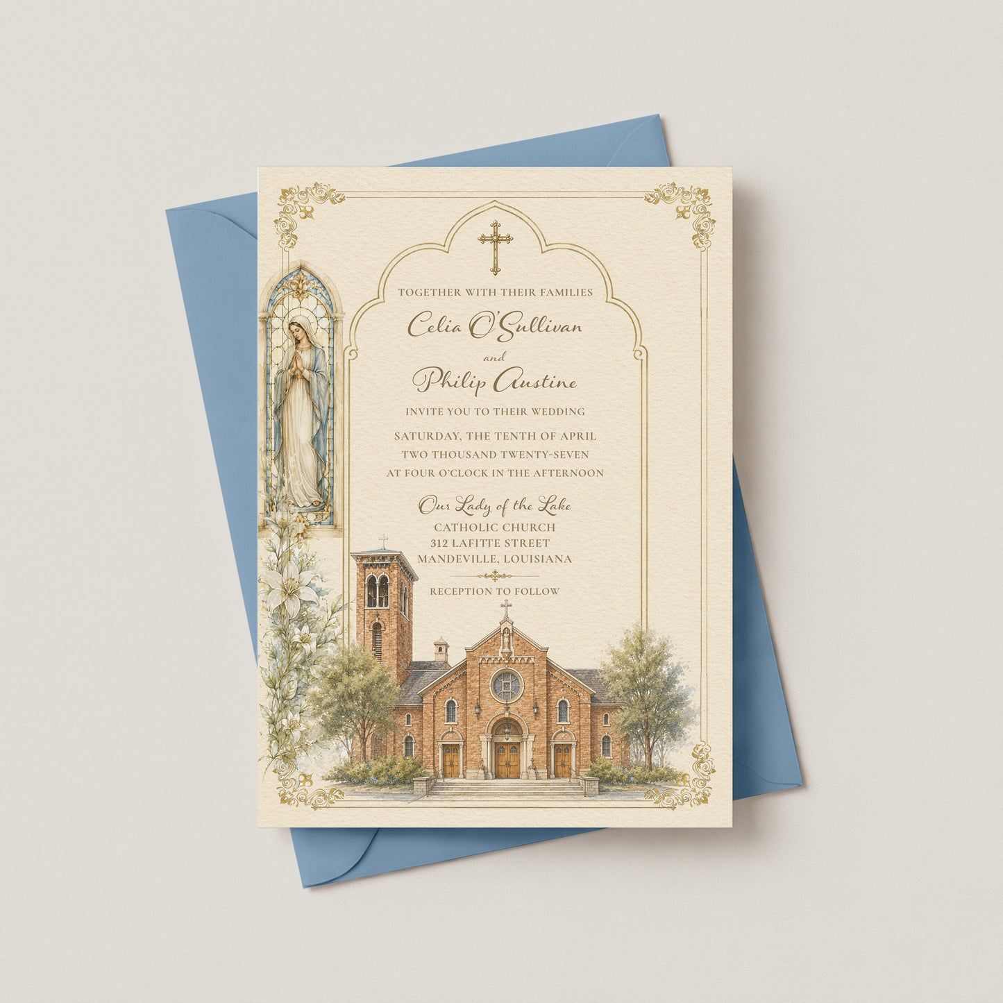 OUR LADY OF THE LAKE CATHOLIC CHURCH WEDDING INVITATION WITH ENVELOPES