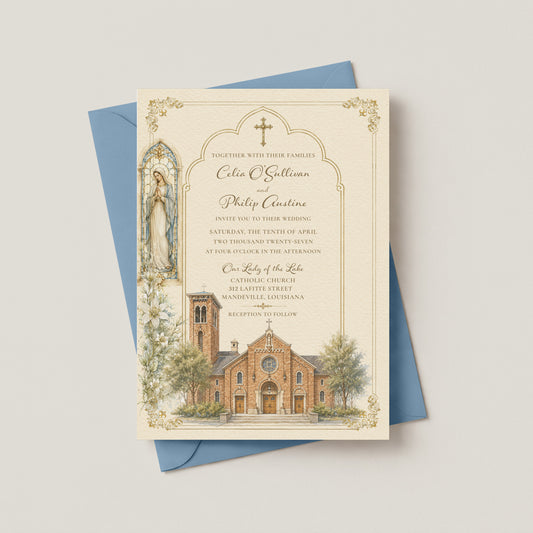 OUR LADY OF THE LAKE CATHOLIC CHURCH WEDDING INVITATION WITH ENVELOPES