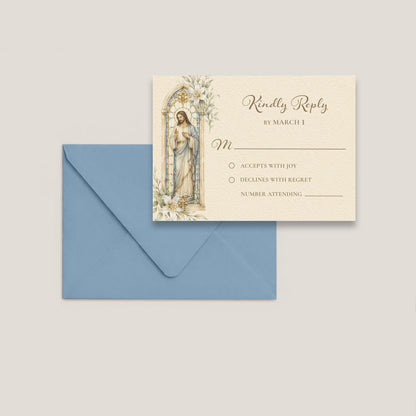 A religious reply card with a vintage-style illustration of the Virgin Mary, shown with a light blue envelope on a neutral beige background.
