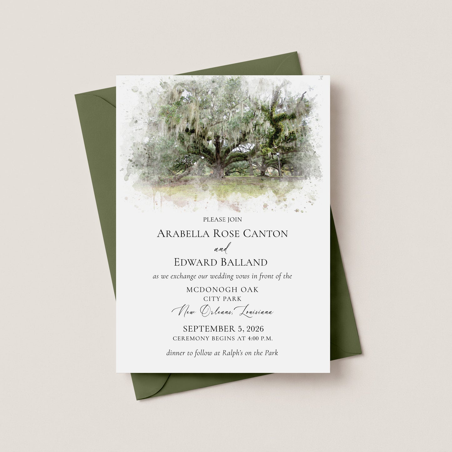 NEW ORLEANS CITY PARK WEDDING INVITATION WITH ENVELOPES