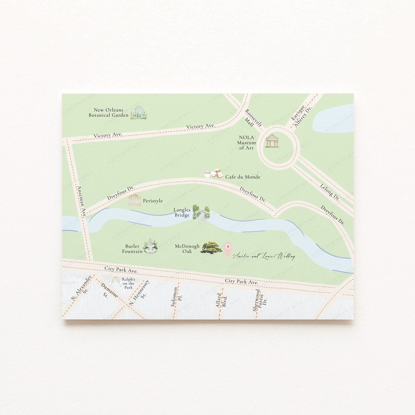 NEW ORLEANS CITY PARK WATERCOLOR MAP