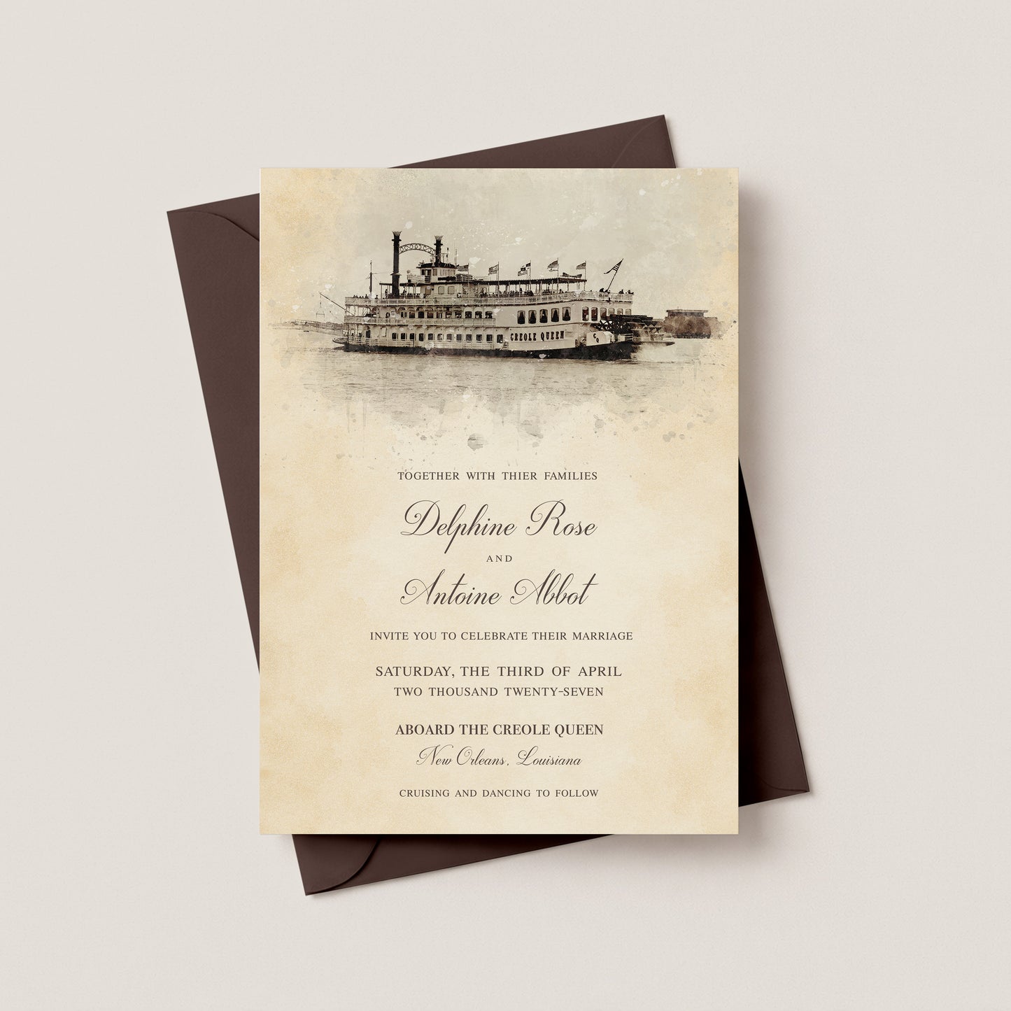 CREOLE QUEEN RIVERBOAT WEDDING INVITATION WITH ENVELOPES