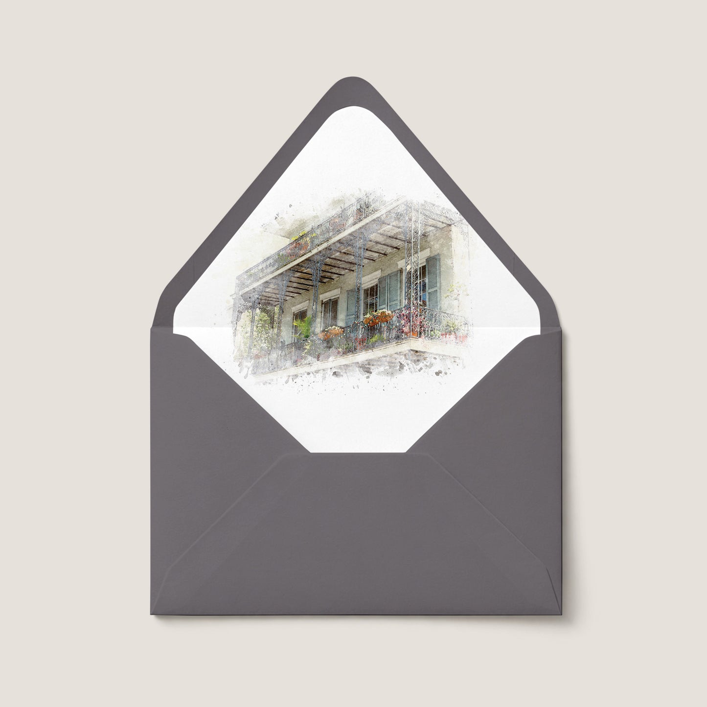 GREY WROUGHT IRON FRENCH QUARTER BALCONY WEDDING ENVELOPE LINER