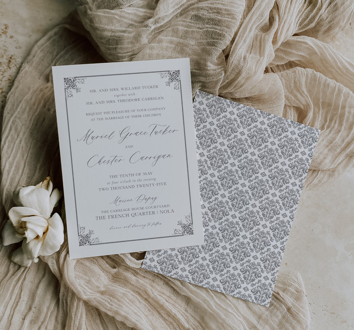 GREY WROUGHT IRON BALCONY DOUBLE-SIDED INVITATION WITH ENVELOPES