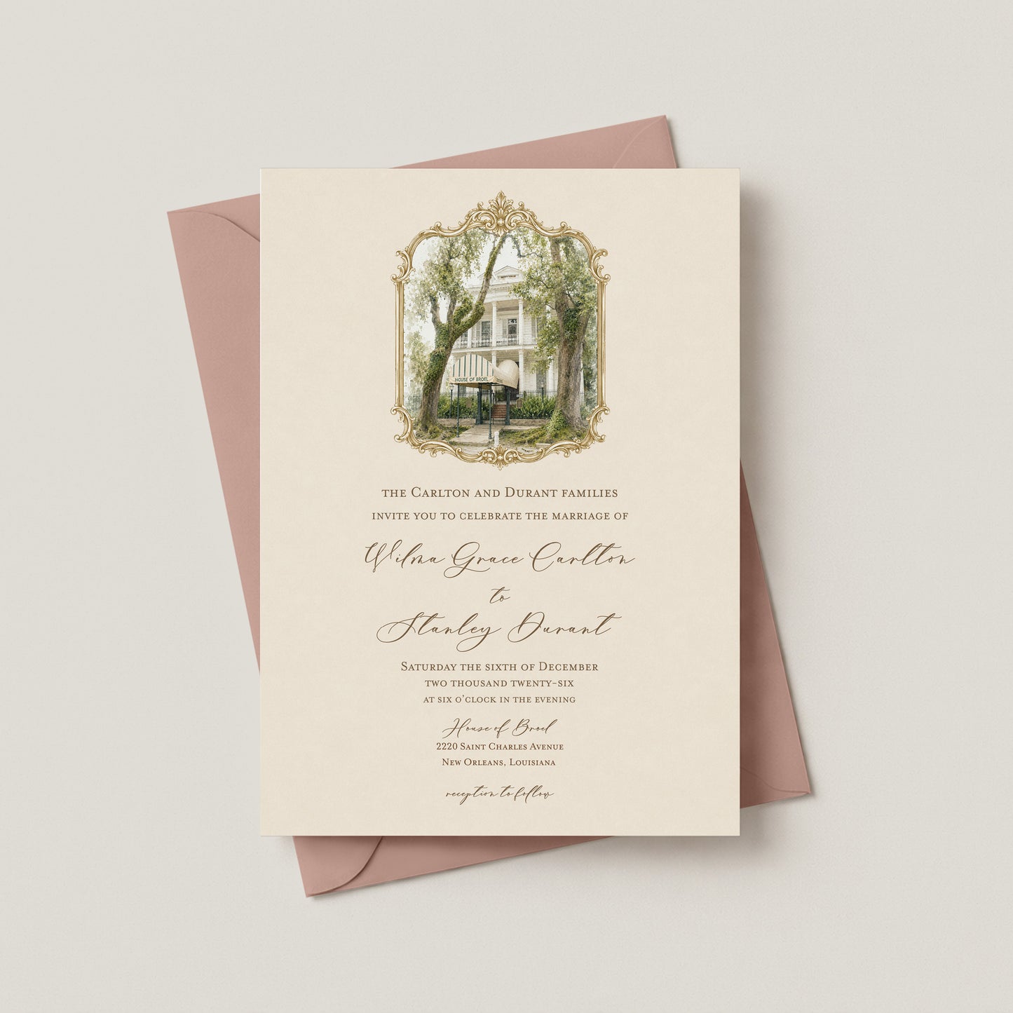 HOUSE OF BROEL NEW ORLEANS WEDDING INVITATION WITH ENVELOPES