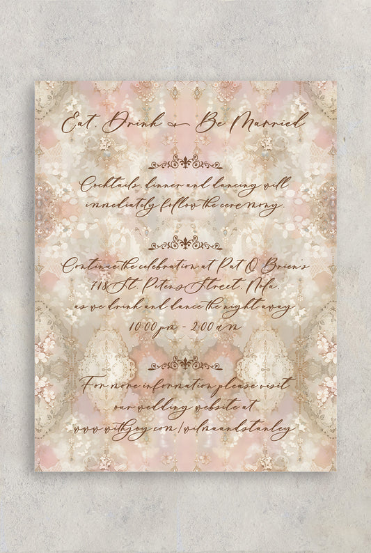 Pink and cream vintage sparkly wedding RSVP card with "Eat, Drink & Be Married" written at the top and wedding itinerary details such as cocktail dinner, after party celebration and wedding website information. 