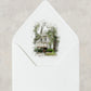 New Orleans wedding envelope liner with a watercolor image of the wedding venue The House of Broel on St. Charles Avenue.
