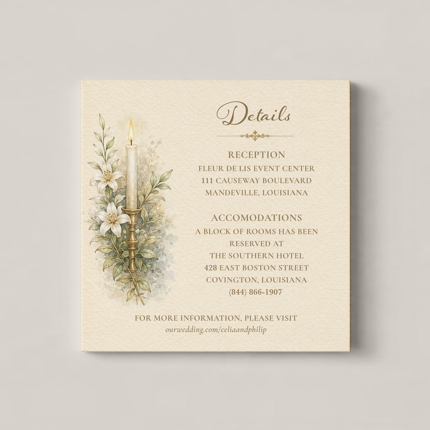 OUR LADY OF THE LAKE WEDDING DETAILS CARD