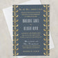 Messina's at the Terminal New Orleans UNO Lakefront Airport wedding invitation featuring a gold and grey-blue disco like pattern and retro fonts.