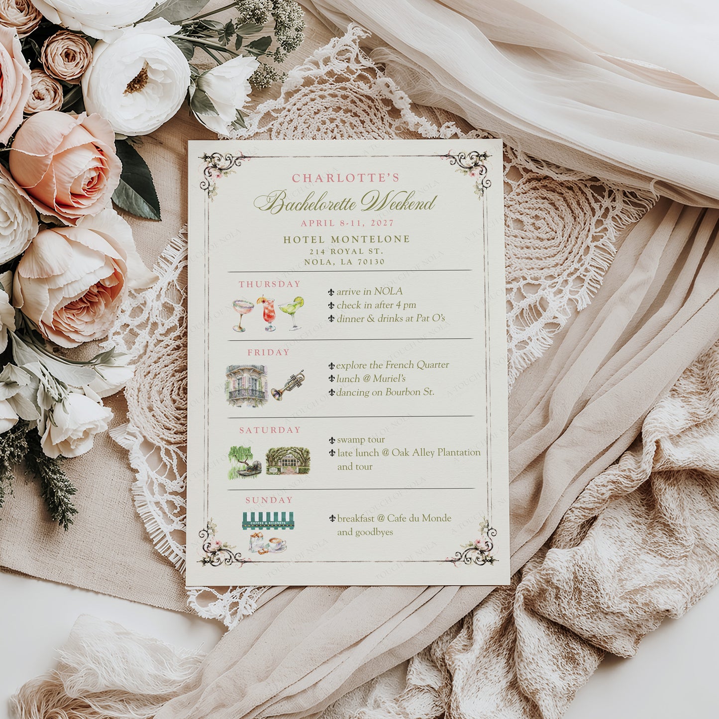 NEW ORLEANS STREETCAR BACHELORETTE ITINERARY CARD