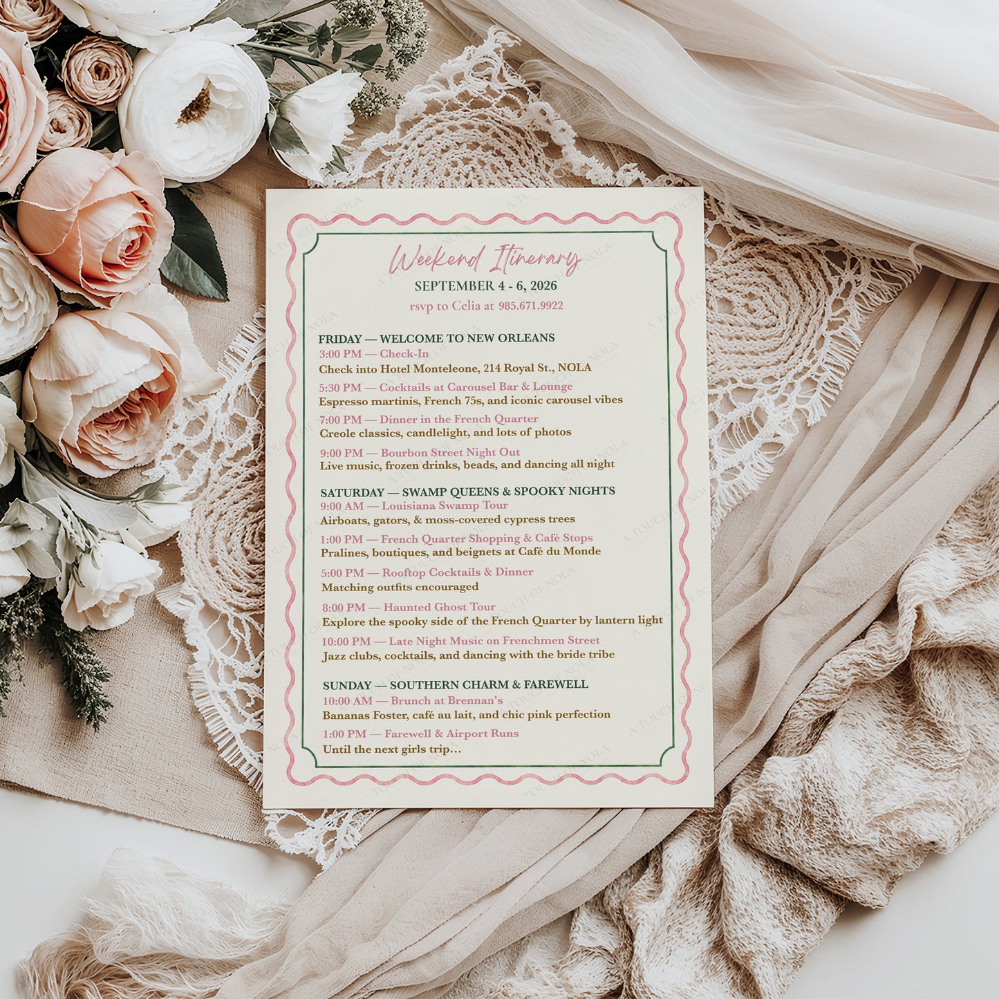 NEW ORLEANS BACHELORETTE WEEKEND ITINERARY CARD