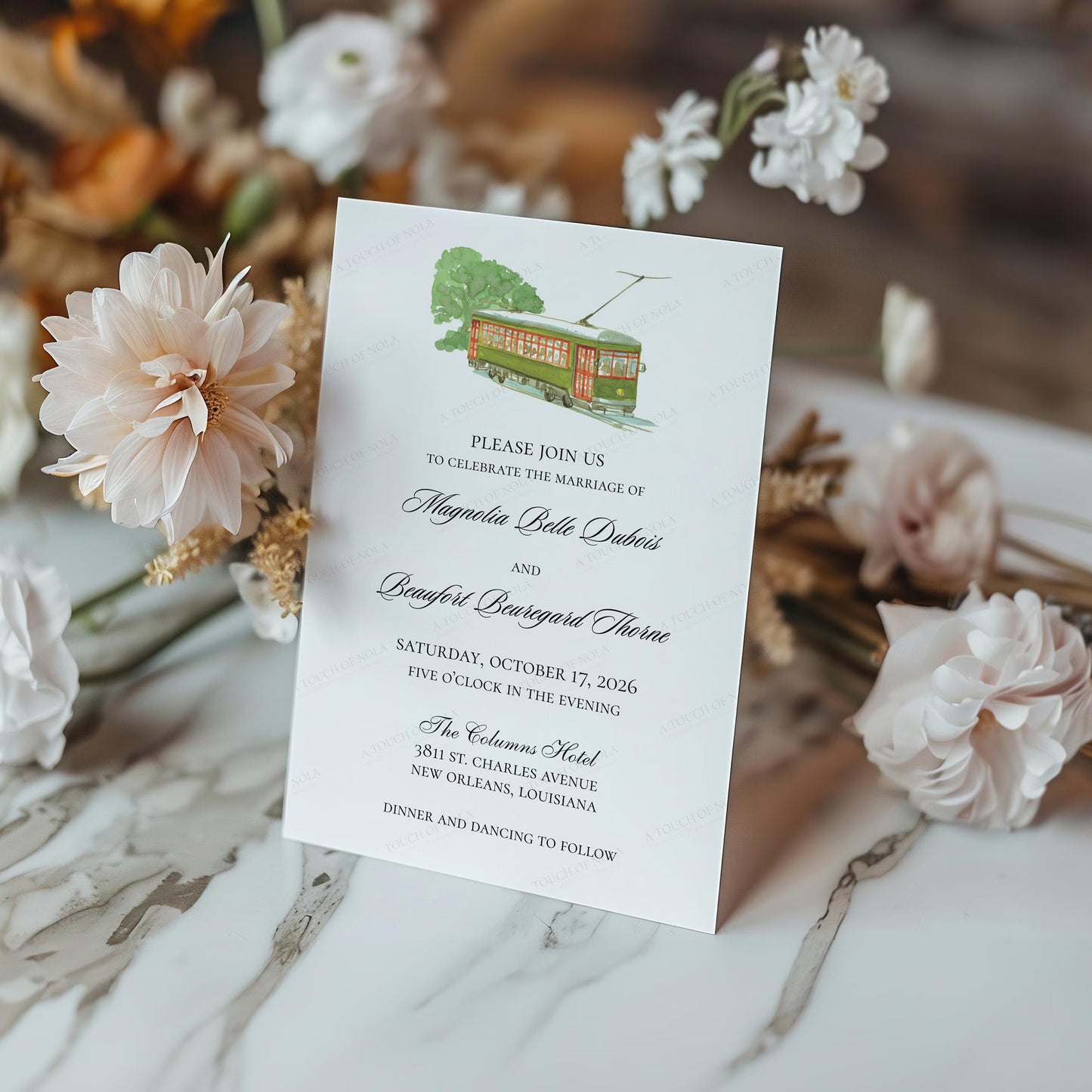 STREETCAR WEDDING INVITATION W/ BEIGNET RSVP CARD