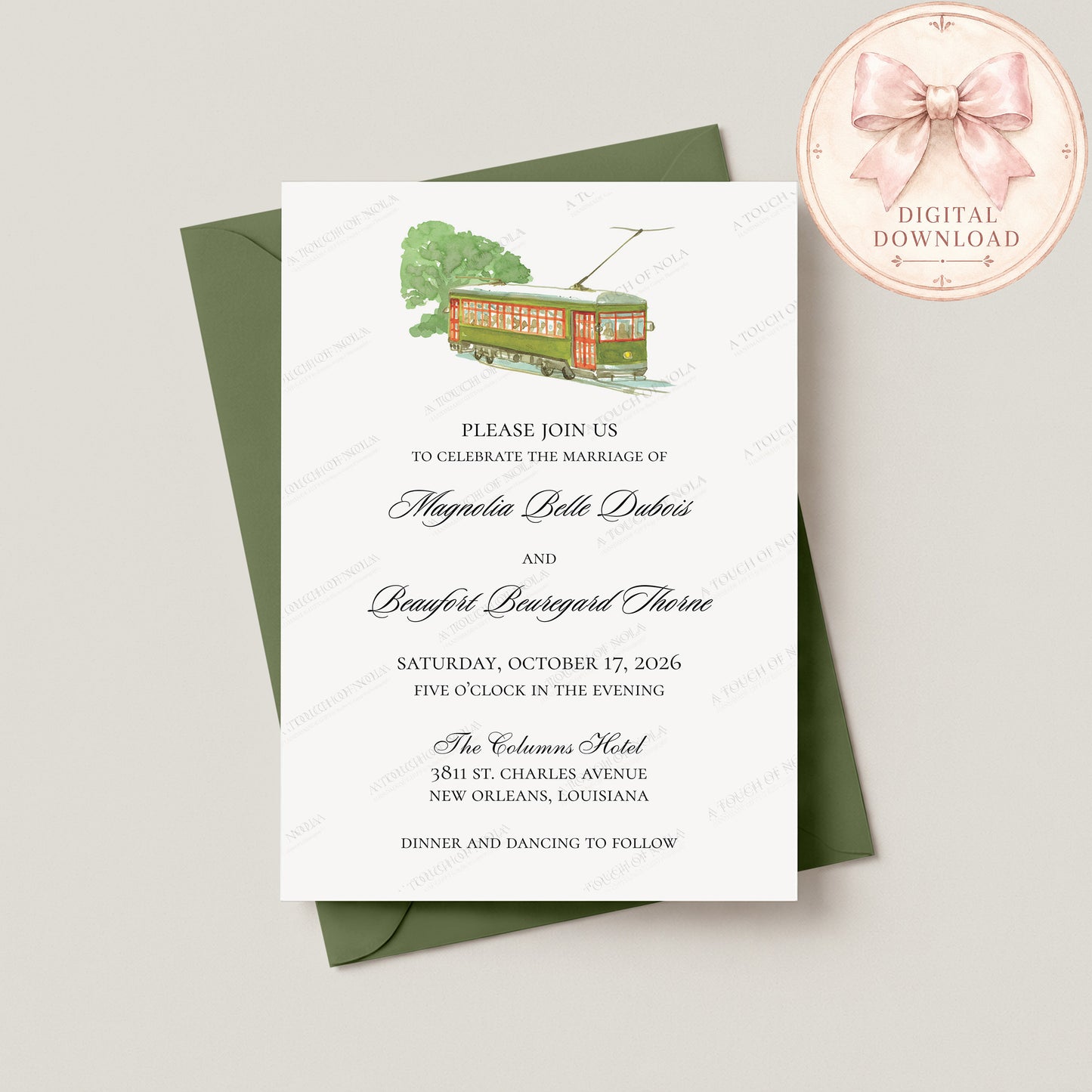 STREETCAR WEDDING INVITATION W/ BEIGNET RSVP CARD
