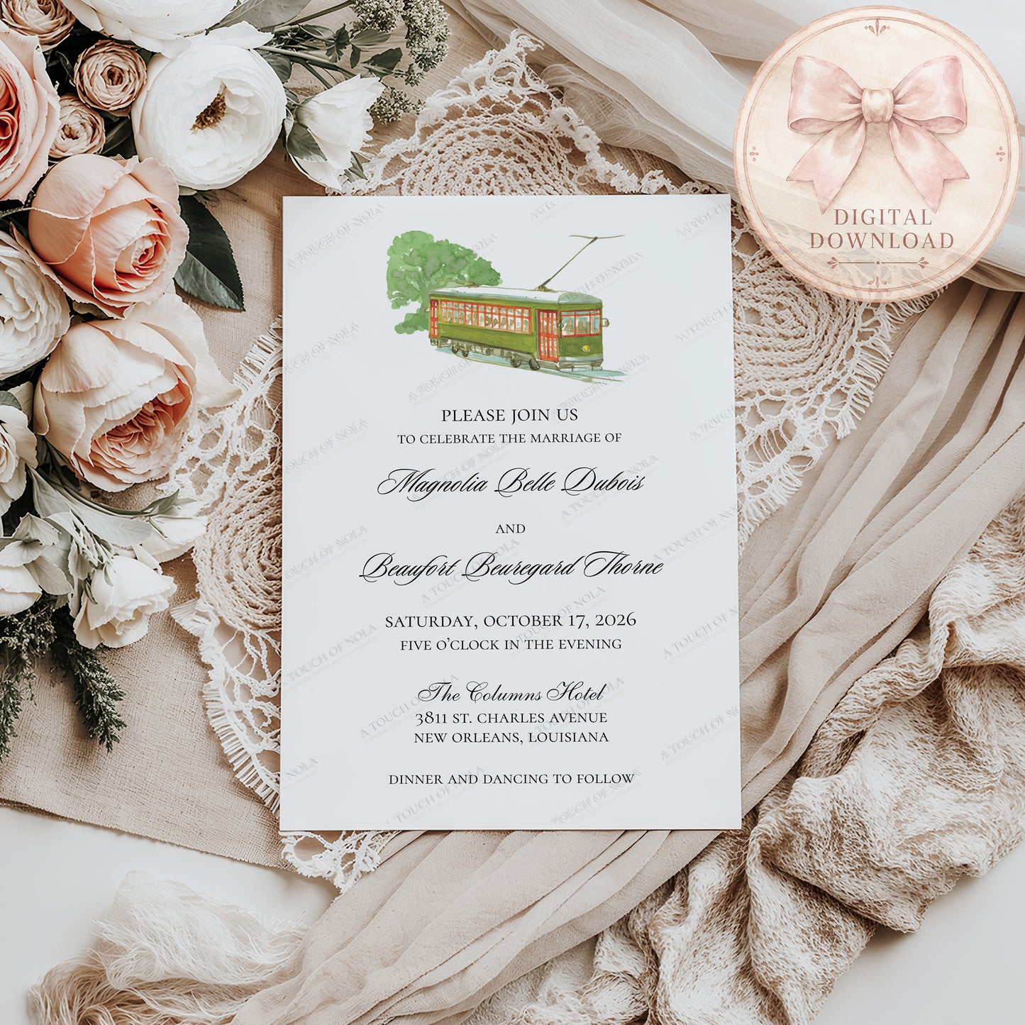 STREETCAR WEDDING INVITATION W/ BEIGNET RSVP CARD