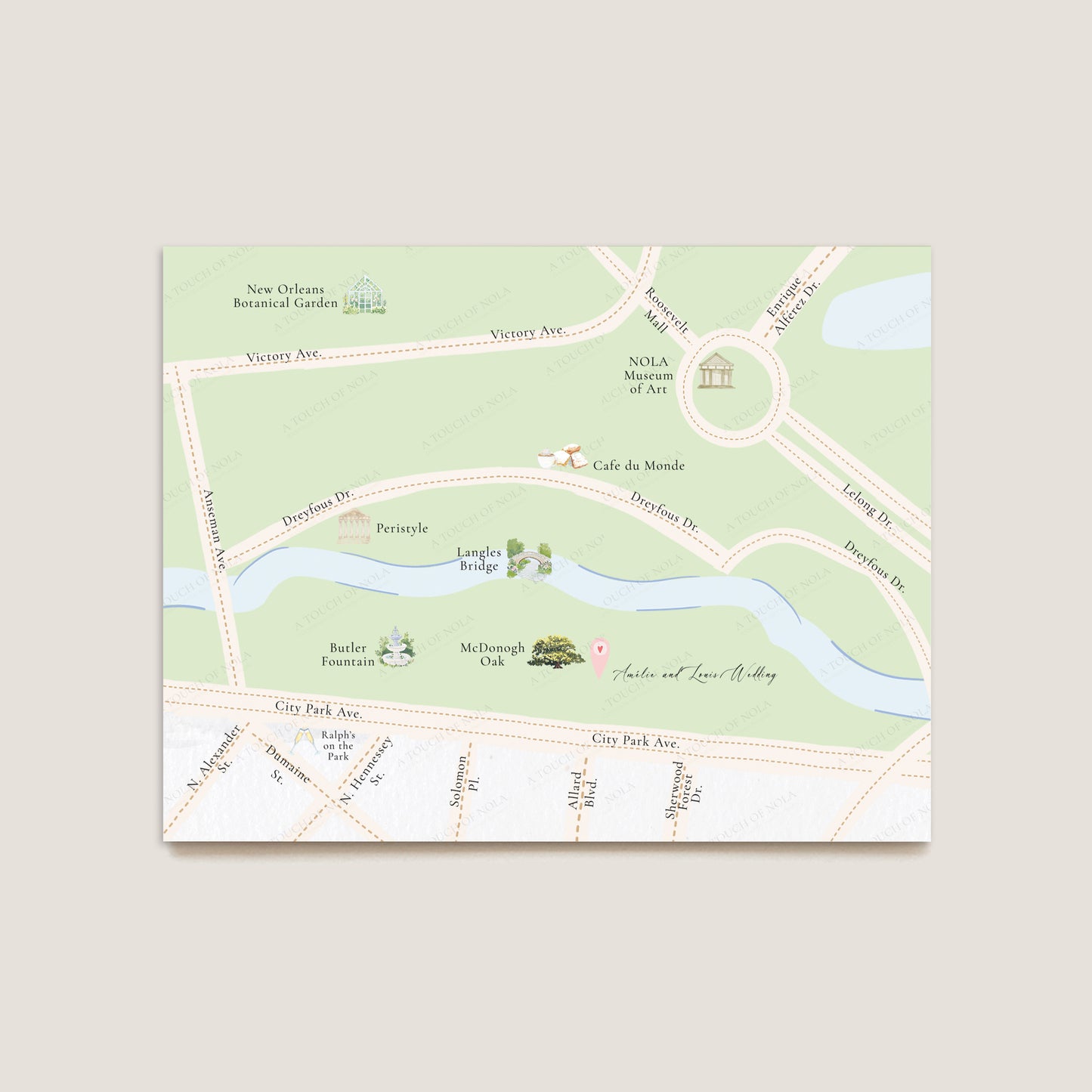 NEW ORLEANS CITY PARK WATERCOLOR MAP