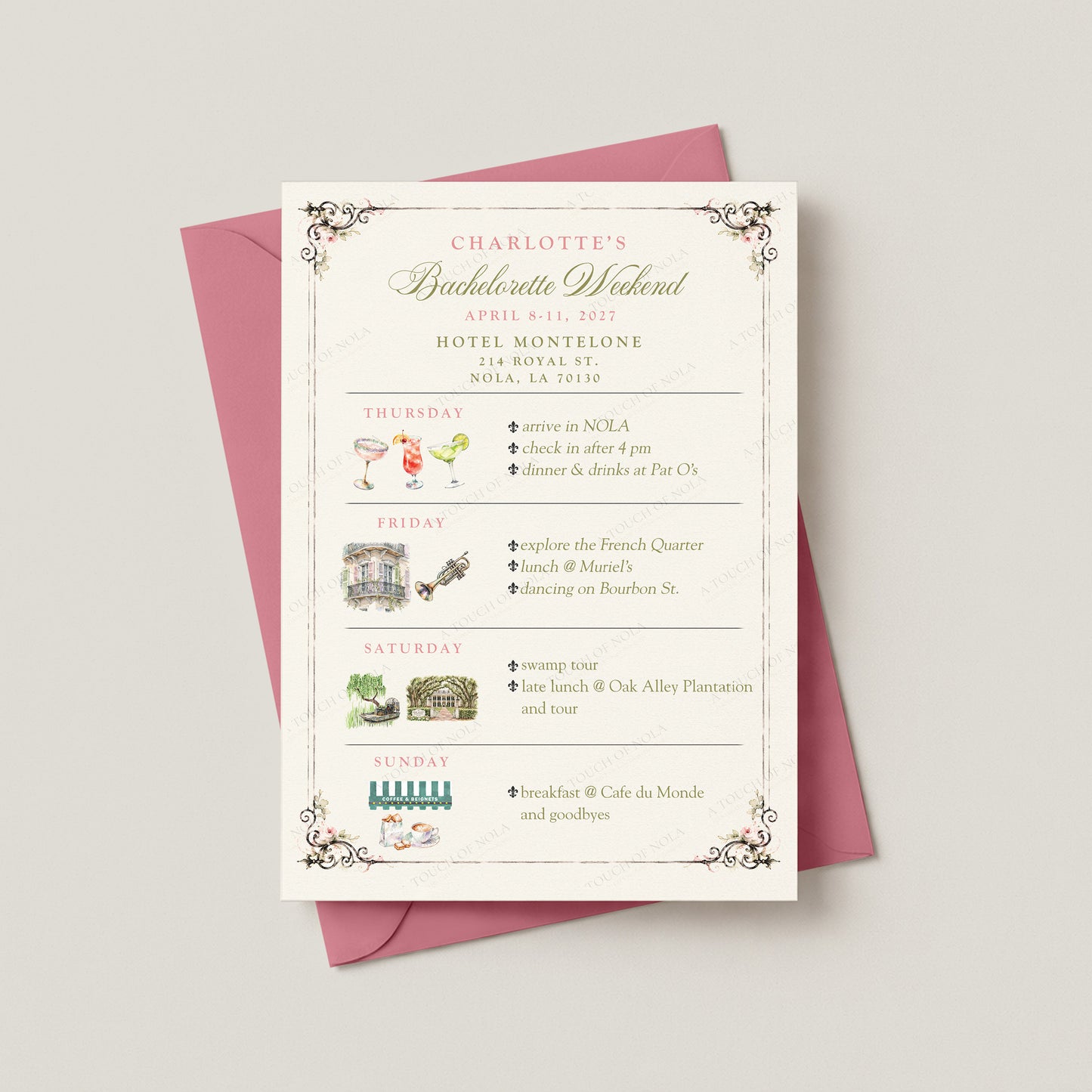 NEW ORLEANS STREETCAR BACHELORETTE ITINERARY CARD