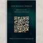 Wedding invitation card with QR code and website URL on a dark background