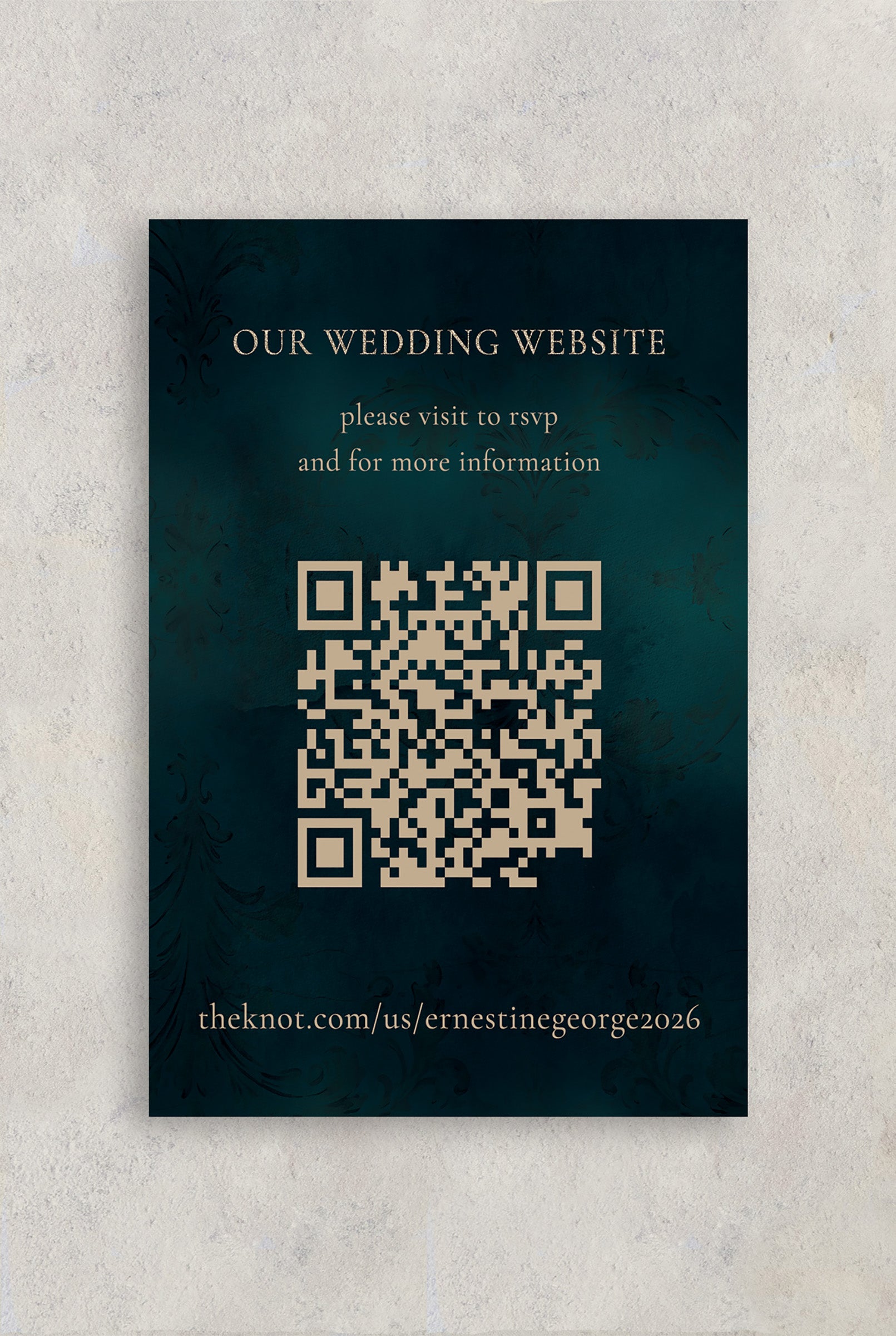 Wedding invitation card with QR code and website URL on a dark background
