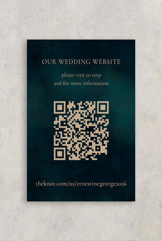 Wedding invitation card with QR code and website URL on a dark background
