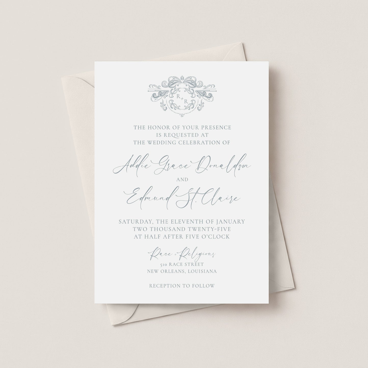 RACE + RELIGIOUS NEW ORLEANS WEDDING INVITATION WITH ENVELOPES