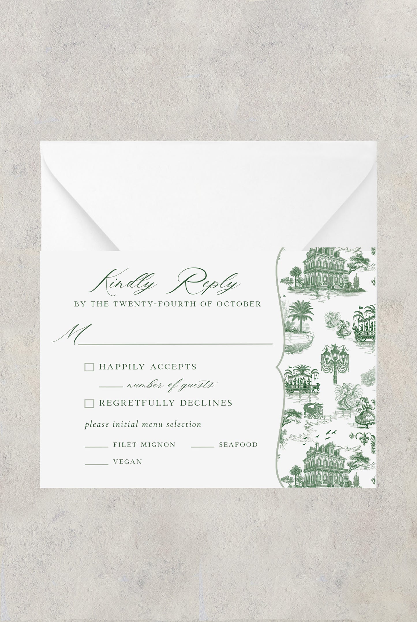 NEW ORLEANS TOILE DE JOUY WEDDING RSVP CARD WITH ENVELOPES