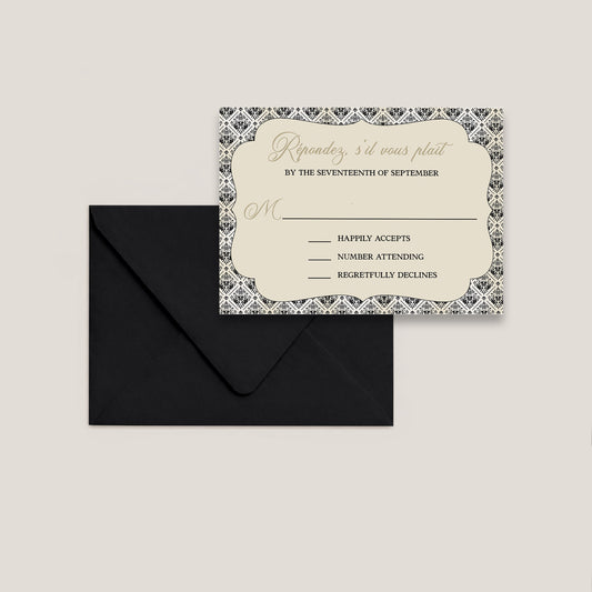 BLACK & IVORY DAMASK DOUBLE-SIDED WEDDING RSVP CARD