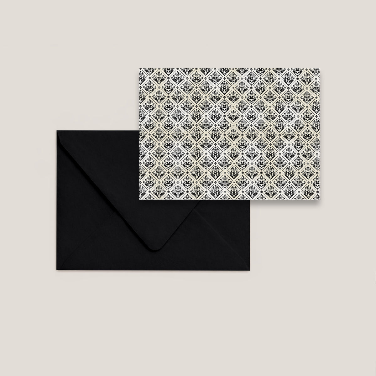 BLACK & IVORY DAMASK DOUBLE-SIDED WEDDING RSVP CARD
