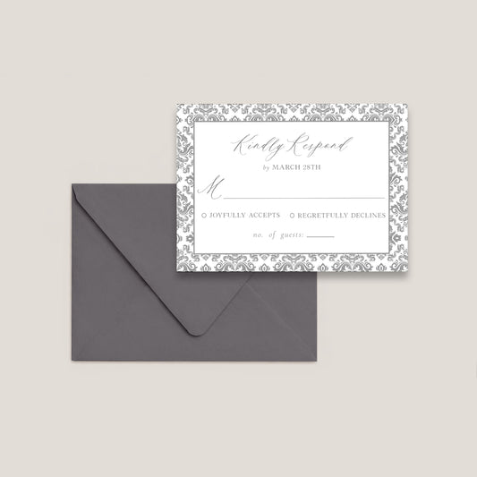 GREY AND WHITE DAMASK WEDDING RSVP CARD WITH ENVELOPES