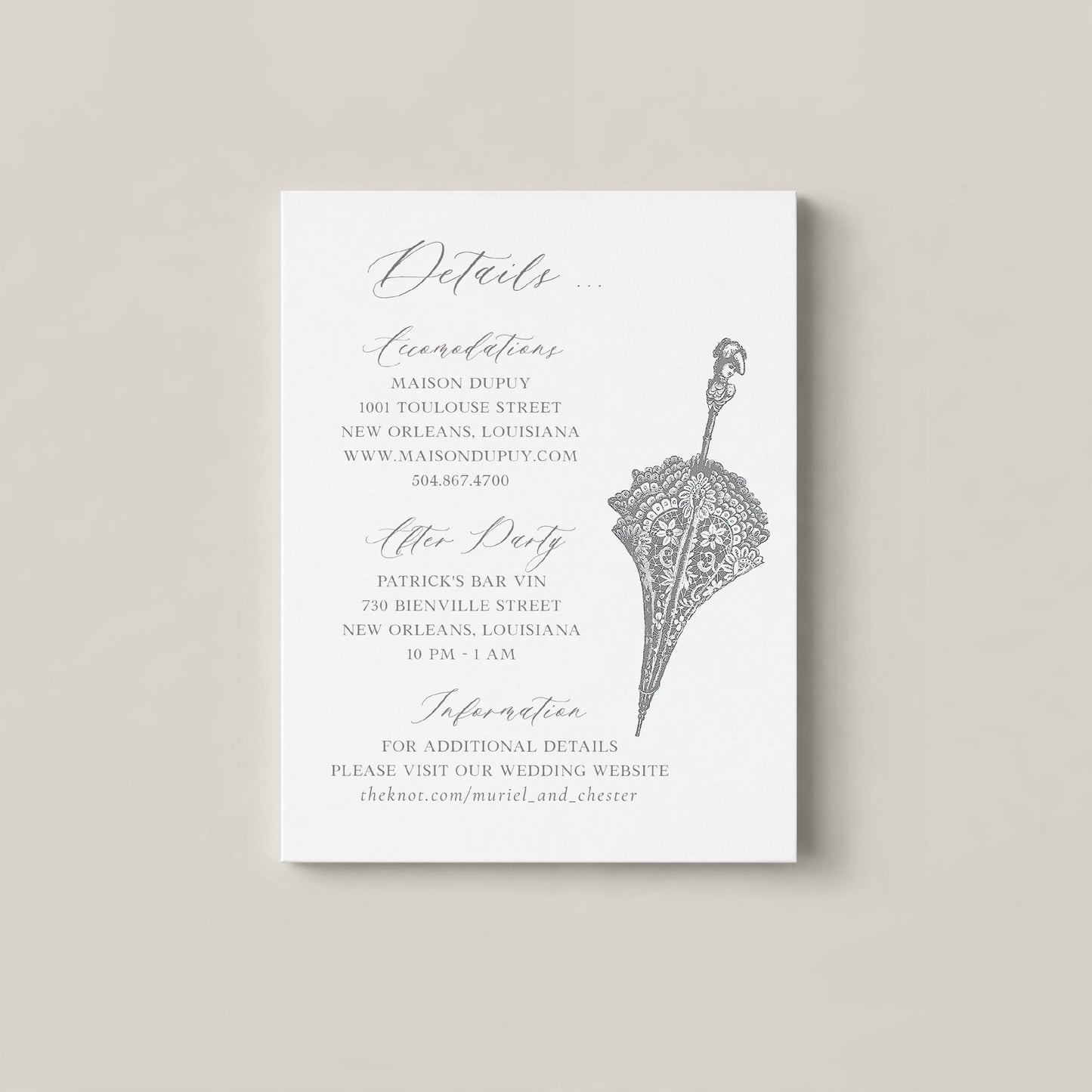 GREY WROUGHT IRON FRENCH QUARTER BALCONY WEDDING DETAILS CARD