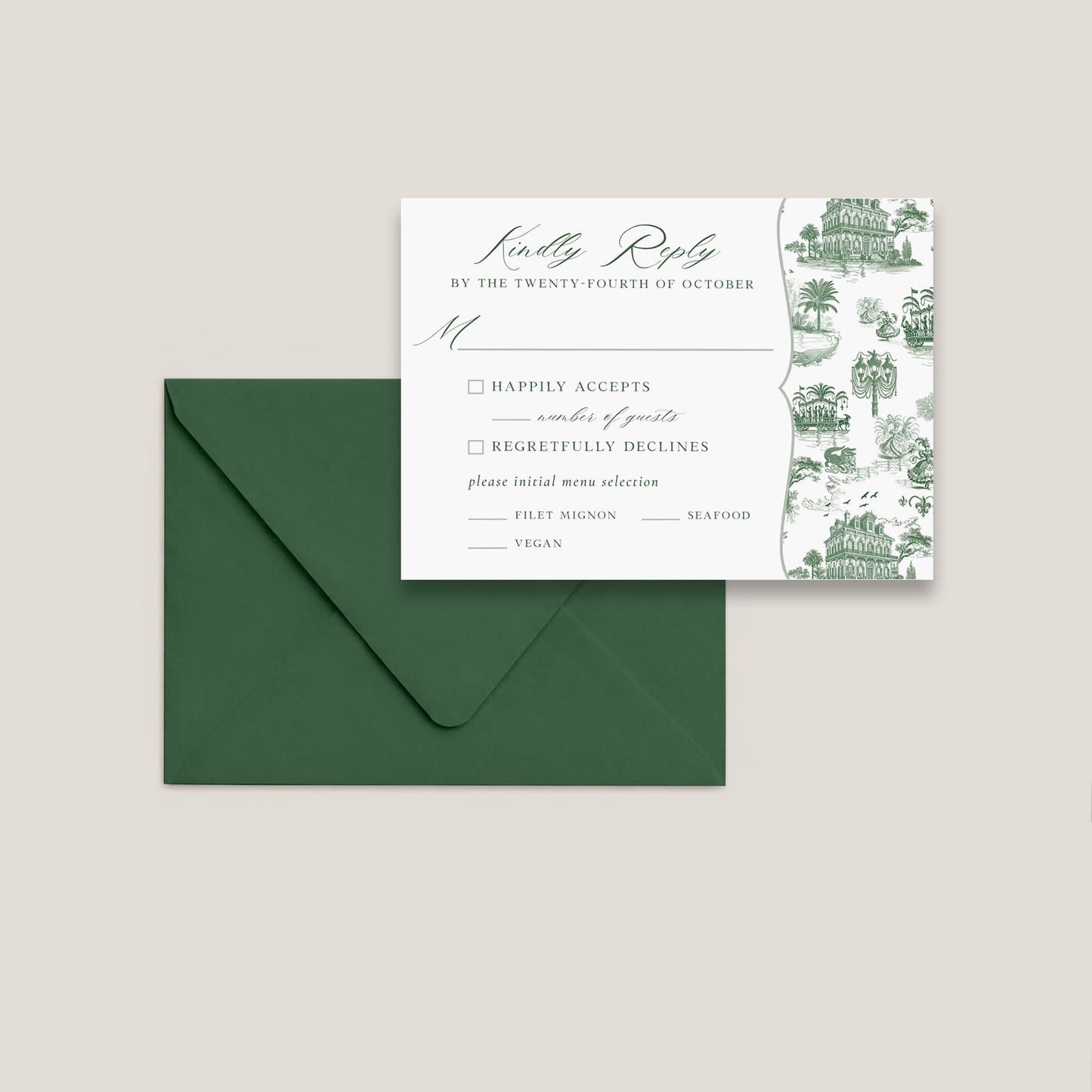 NEW ORLEANS TOILE WEDDING RSVP CARD WITH ENVELOPES